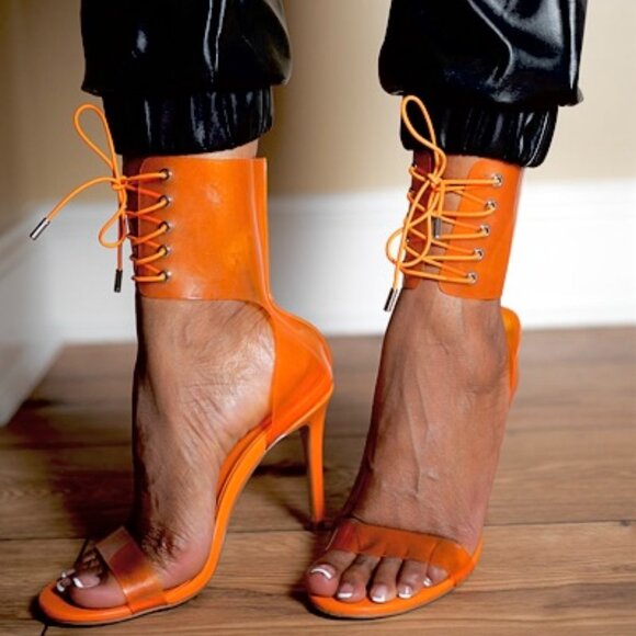 Nadiyah Orange PVC Ankle Cuff Heels - Picture 1 of 3